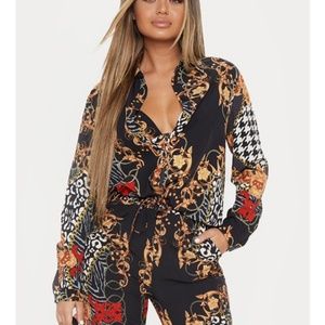 Black print long sleeve blouse shirt button down